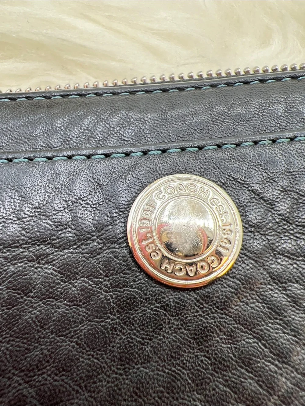 Coach Black Leather Zip Wallet with Teal Stitching